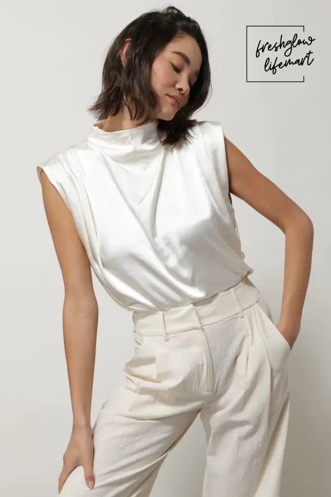 SATIN MOCK NECK BLOUSE IVORY Tops