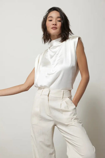 SATIN MOCK NECK BLOUSE IVORY Tops
