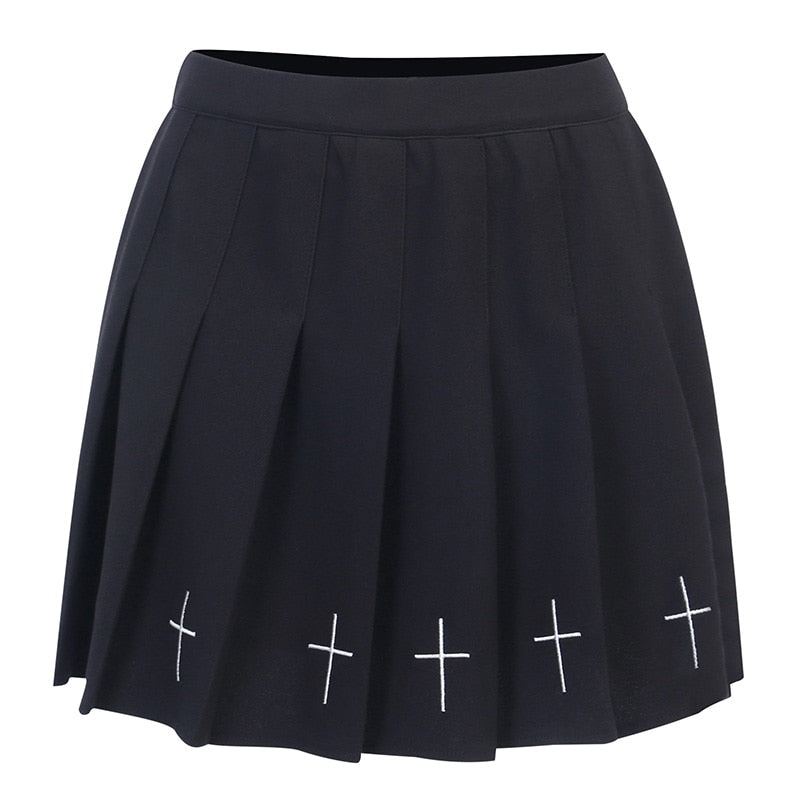 Hot High Waist Mini Black Skirts Streetwear Cross Print Pleated Women Skirt